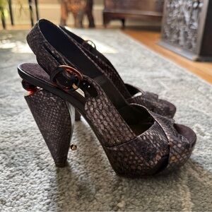 Marc Jacobs Dark Brown Snake-Print Slingback Heels with Tortoiseshell Buckle